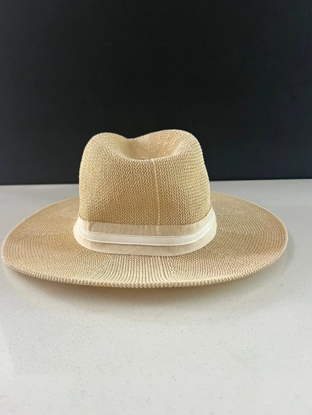 Vince Camuto Grosgrain Faux Leather Band Panama natural Hat size S